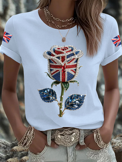 Women's British imitation diamond hot-drilling Printed Iron On Short Sleeve T-Shirt