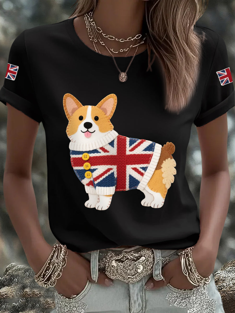Women's Cute Corgi Union Jack Print Casual Tee