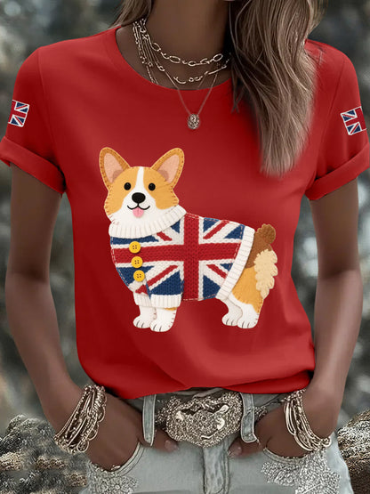 Women's Cute Corgi Union Jack Print Casual Tee