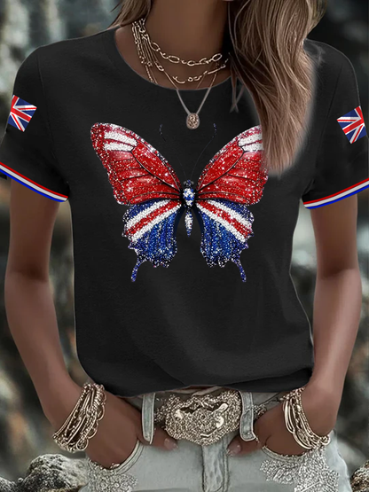 Women's British imitation diamond hot-drilling Printed short-sleeved T-shirt