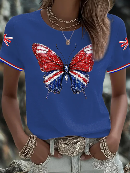 Women's British imitation diamond hot-drilling Printed short-sleeved T-shirt