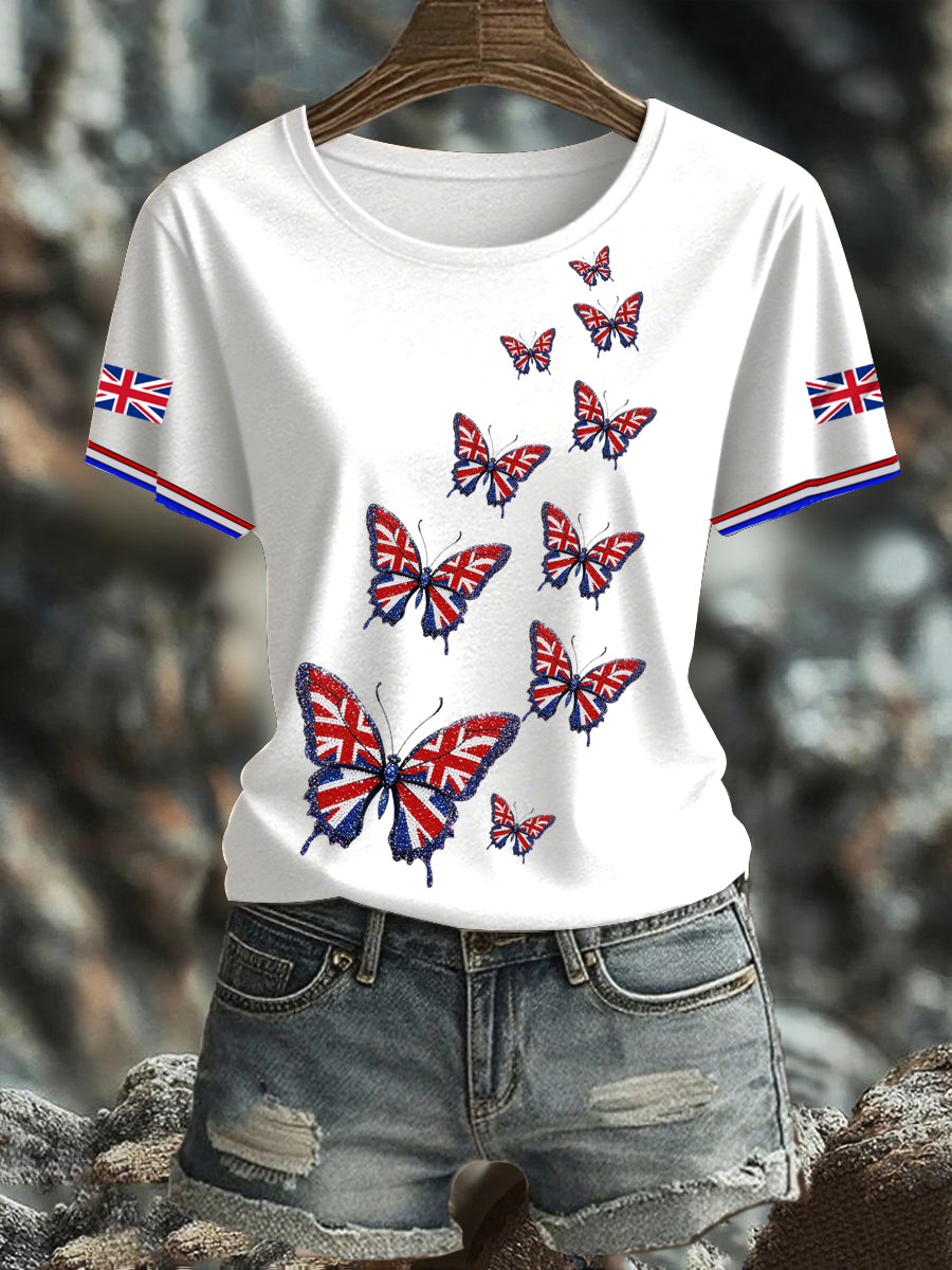 Women's British imitation diamond hot-drilling Printed short-sleeved T-shirt