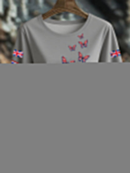 Women's British imitation diamond hot-drilling Printed short-sleeved T-shirt