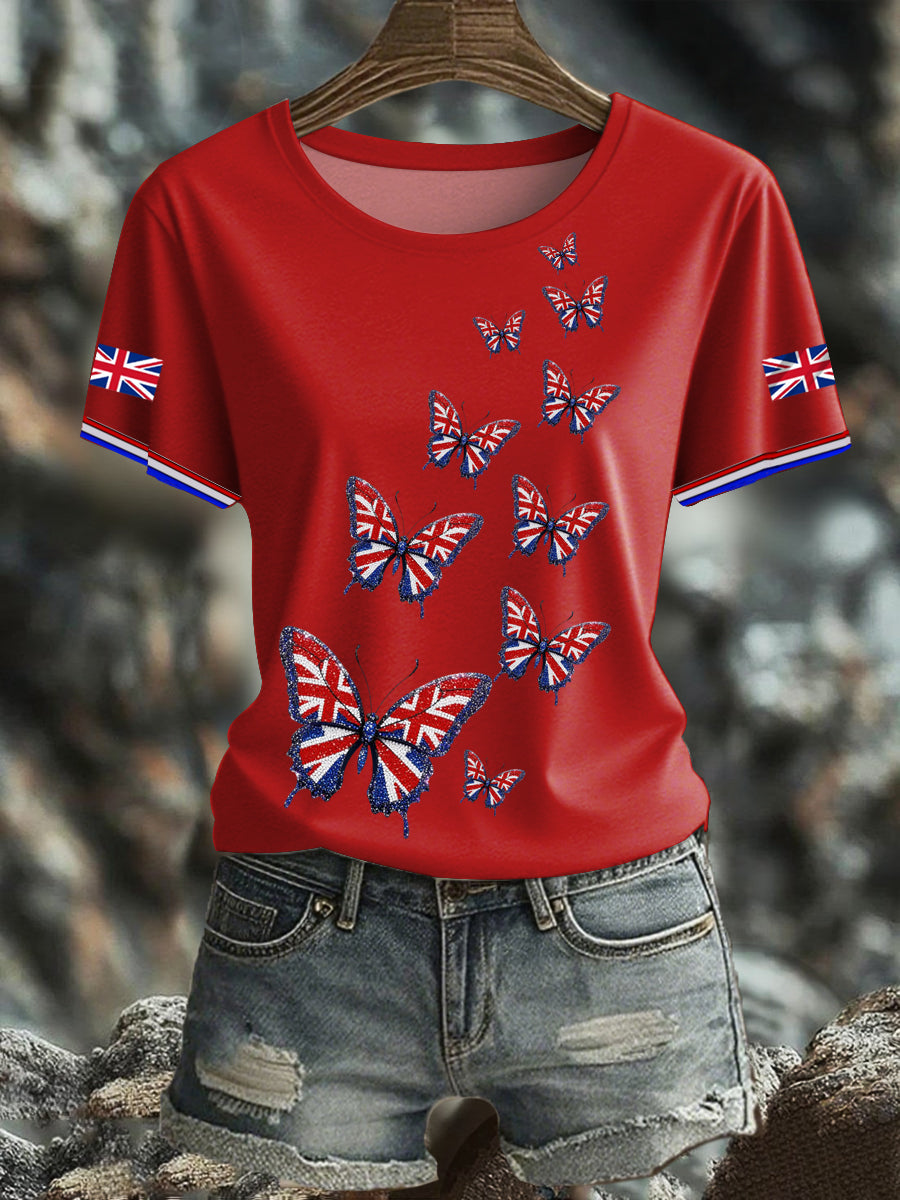 Women's British imitation diamond hot-drilling Printed short-sleeved T-shirt