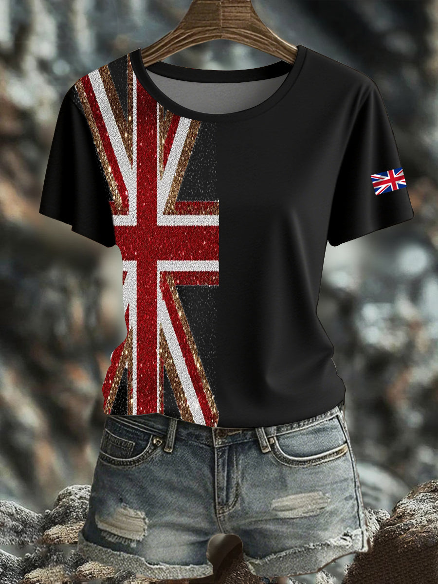 Women's British imitation diamond hot-drilling Printed short-sleeved T-shirt