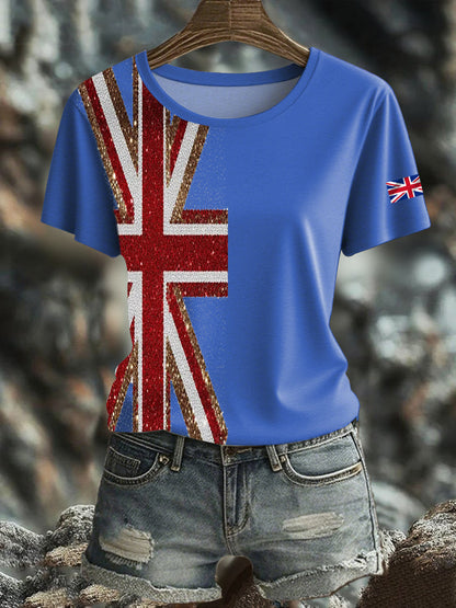 Women's British imitation diamond hot-drilling Printed short-sleeved T-shirt