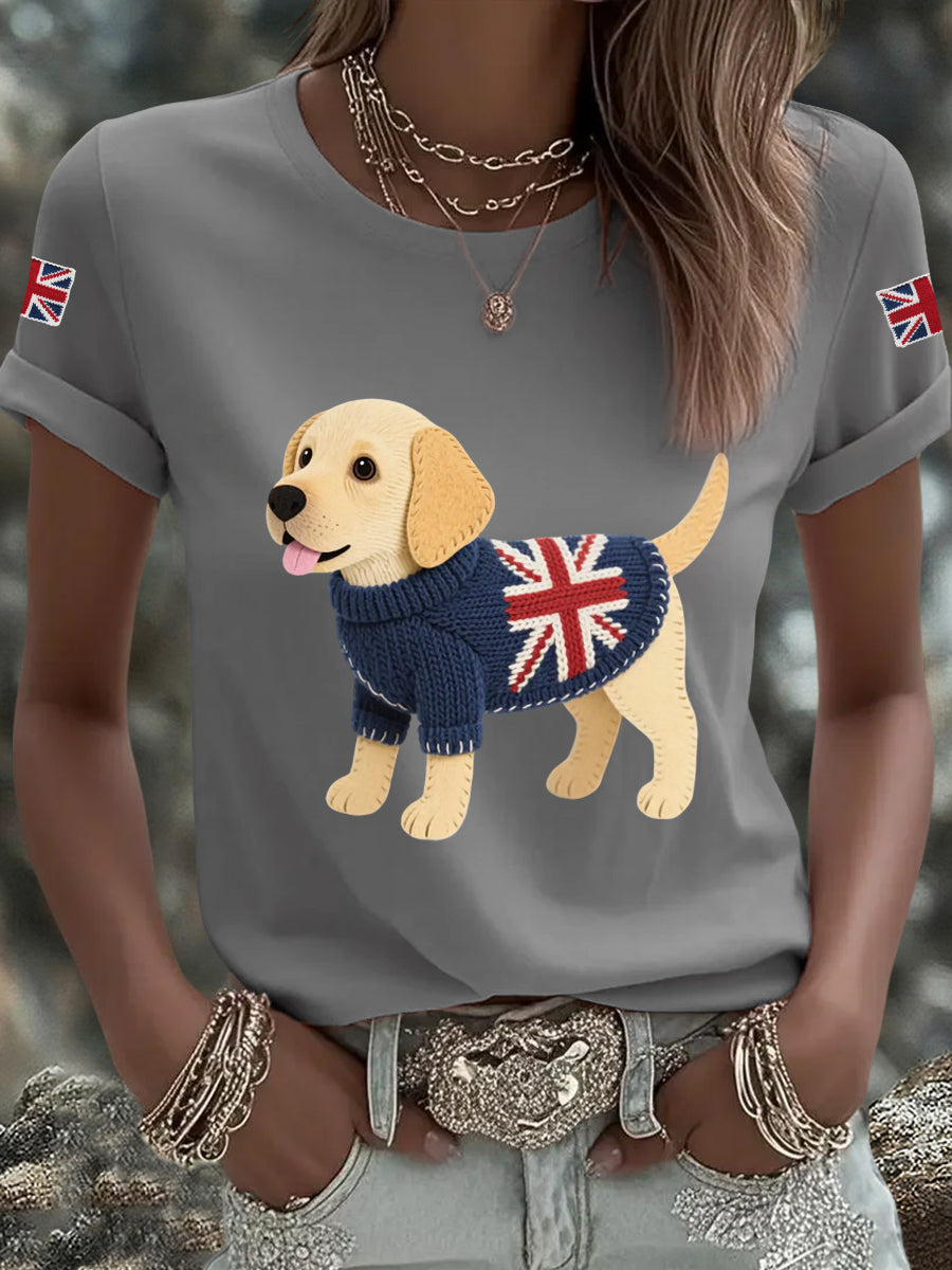 Women's Cute Labrador Union Jack Print Casual Tee
