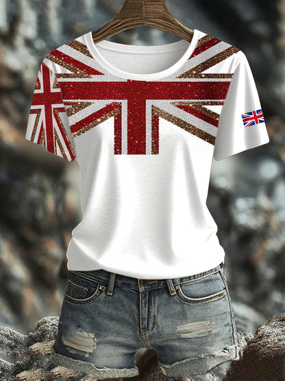 Women's British imitation diamond hot-drilling Printed short-sleeved T-shirt