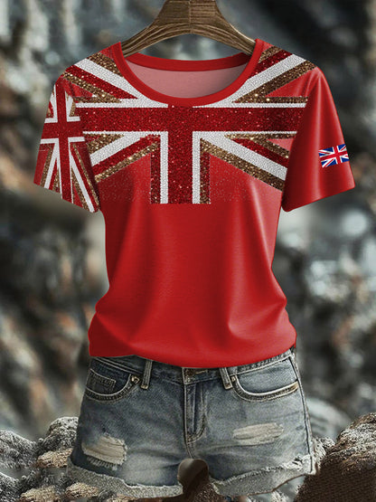 Women's British imitation diamond hot-drilling Printed short-sleeved T-shirt