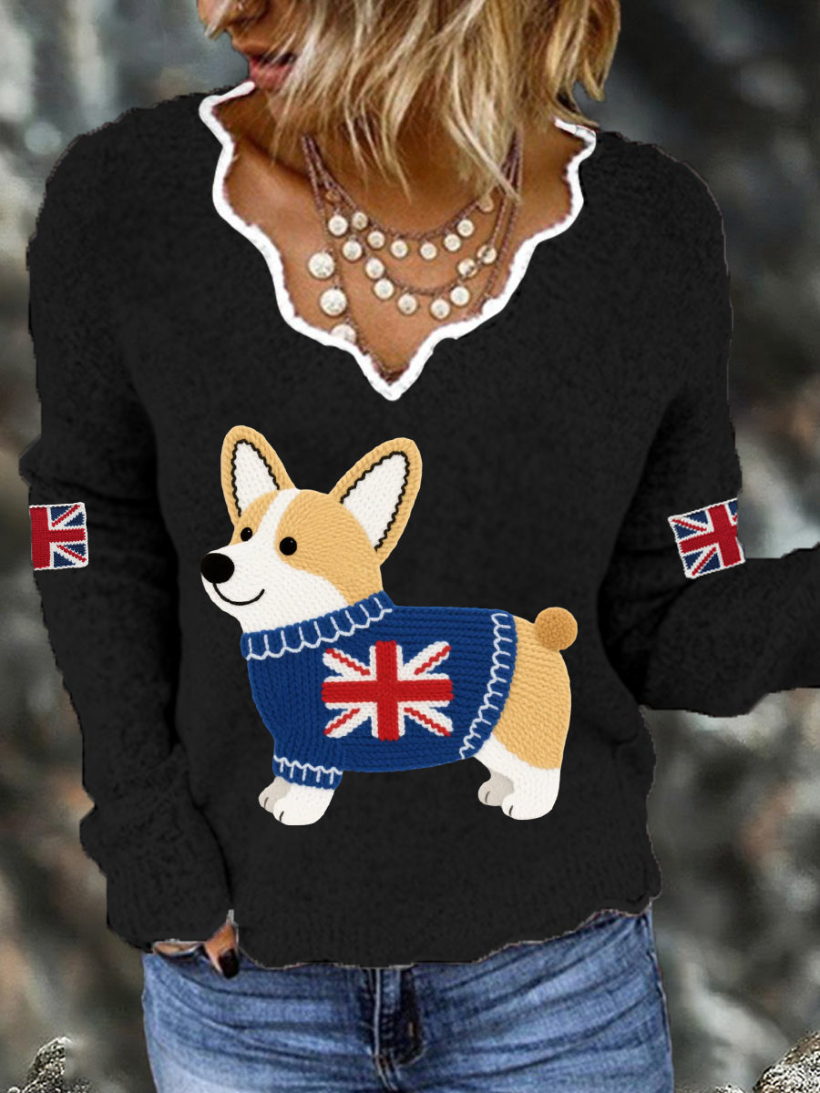 Women's Cute Corgi Union Jack Print Casual Long Sleeve Top