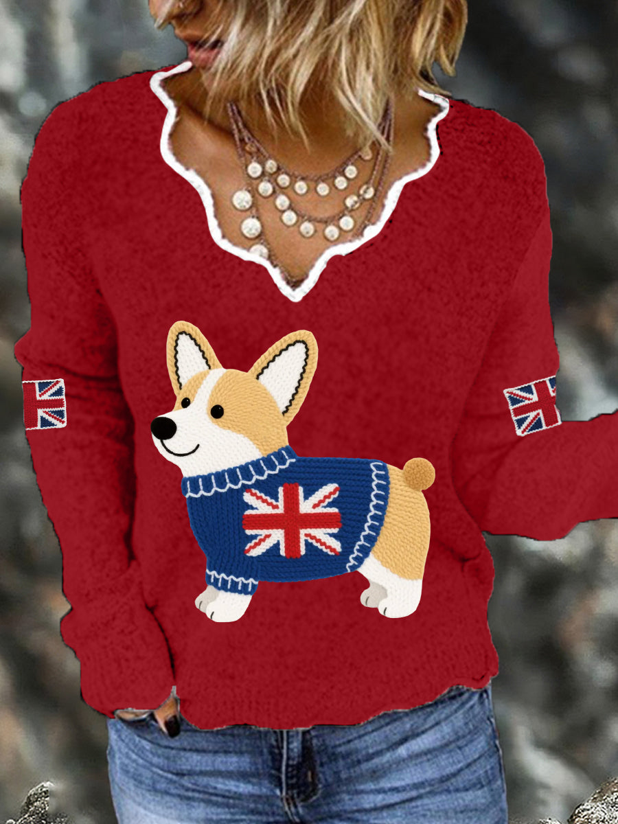 Women's Cute Corgi Union Jack Print Casual Long Sleeve Top