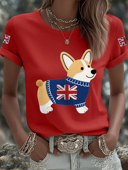 Women's Cute Corgi Union Jack Print Casual Tee