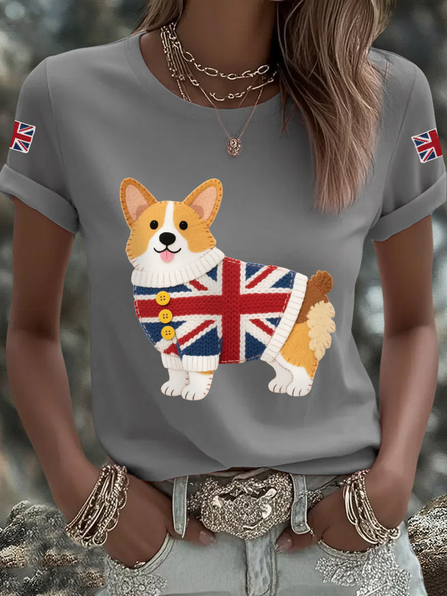 Women's Cute Corgi Union Jack Print Casual Tee