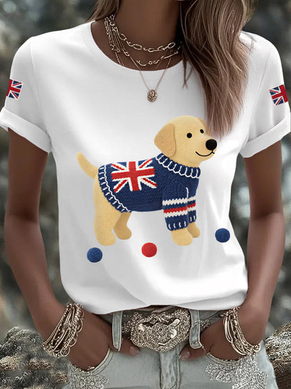 Women's Cute Labrador Union Jack Print Casual Tee