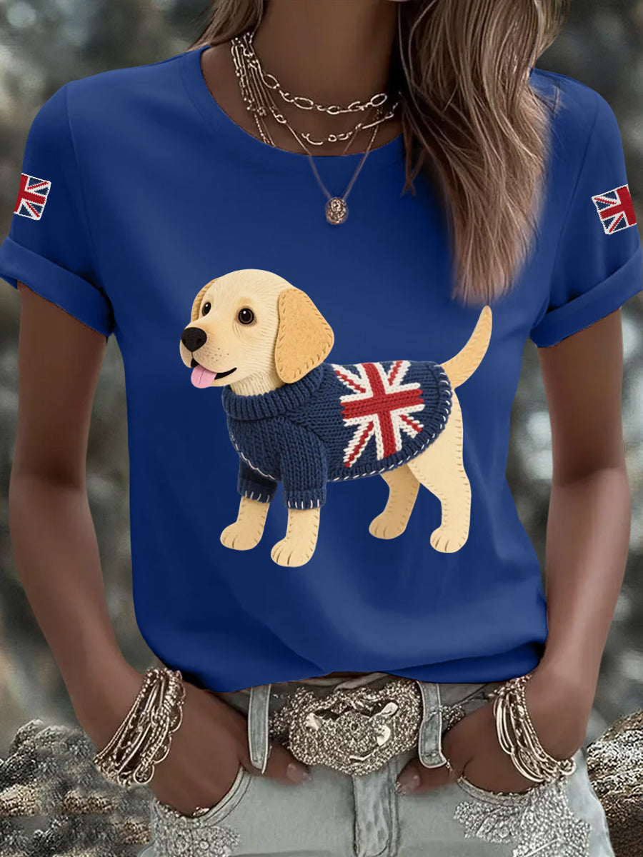 Women's Cute Labrador Union Jack Print Casual Tee
