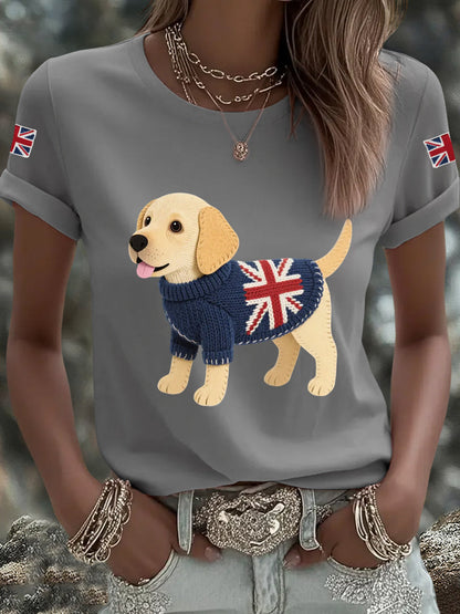 Women's Cute Labrador Union Jack Print Casual Tee