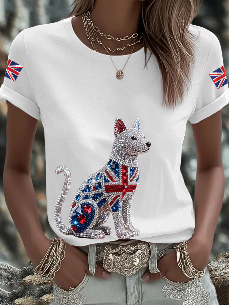 Women's British imitation diamond hot-drilling Printed short-sleeved T-shirt