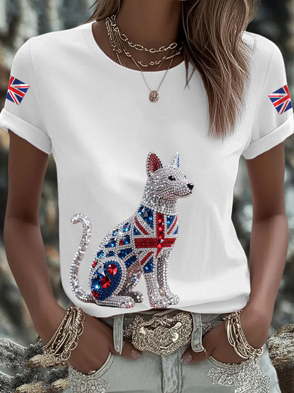Women's British imitation diamond hot-drilling Printed short-sleeved T-shirt