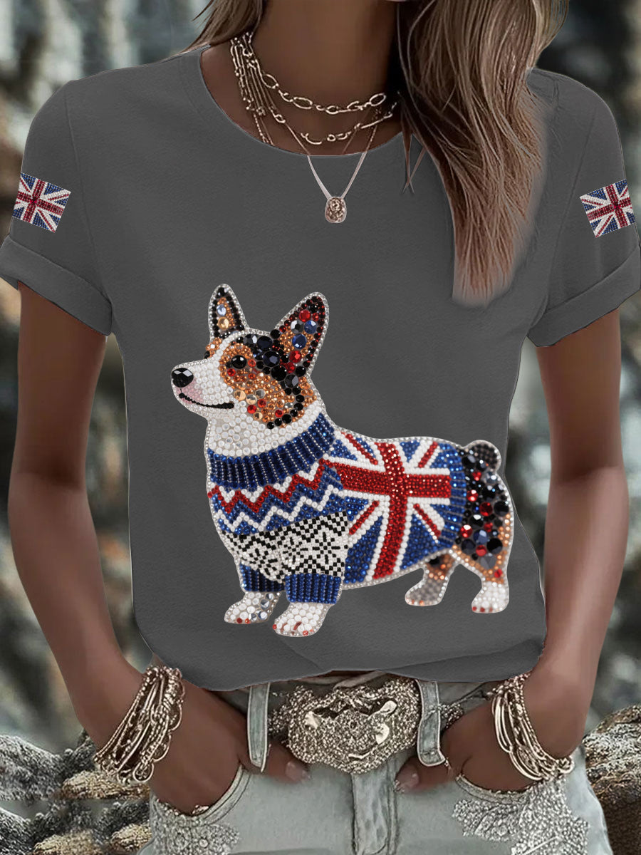 Women's UK Flag Corgi Printed T-shirt