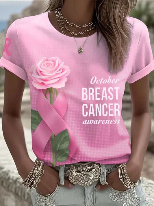 Women's October Breast Cancer Awareness Pink Rose T-Shirts