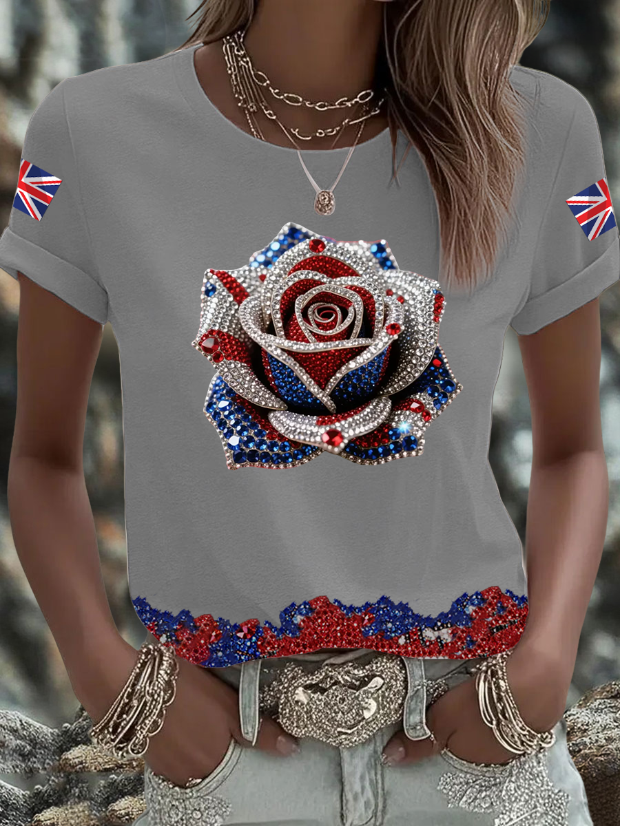 Women's British imitation diamond hot-drilling Printed short-sleeved T-shirt