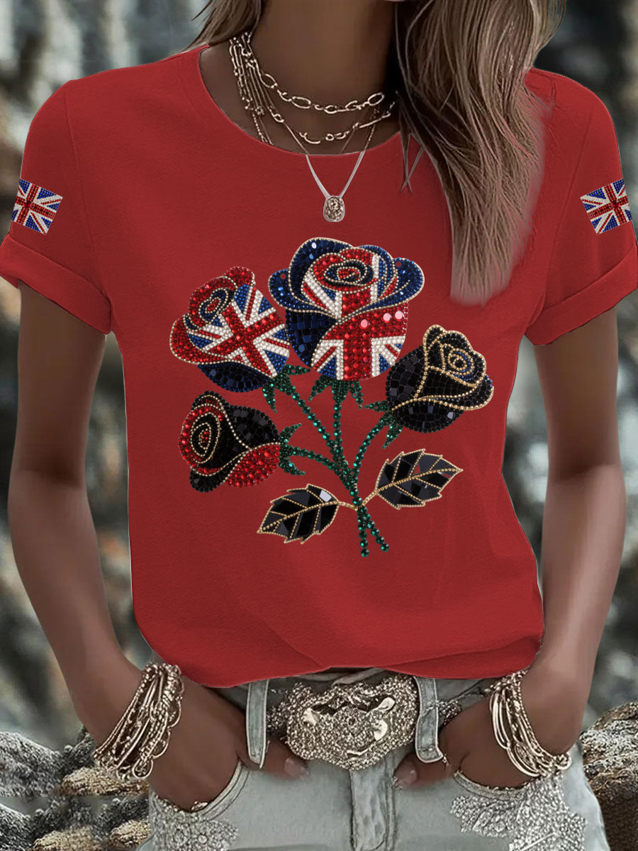 Women's British imitation diamond hot-drilling Printed Iron On Short Sleeve T-Shirt