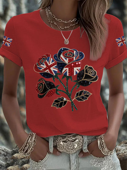 Women's British imitation diamond hot-drilling Printed Iron On Short Sleeve T-Shirt