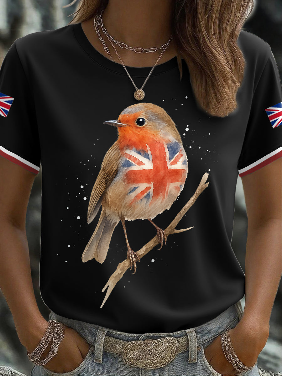 Women's UK Flag Art Robin Watercolor Printed T-shirt