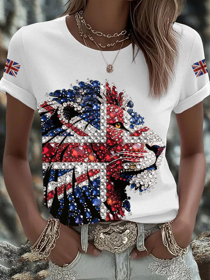 Women's British imitation diamond hot-drilling Printed Iron On Short Sleeve T-Shirt