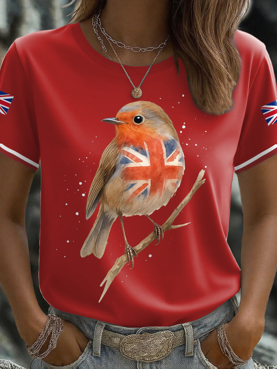 Women's UK Flag Art Robin Watercolor Printed T-shirt