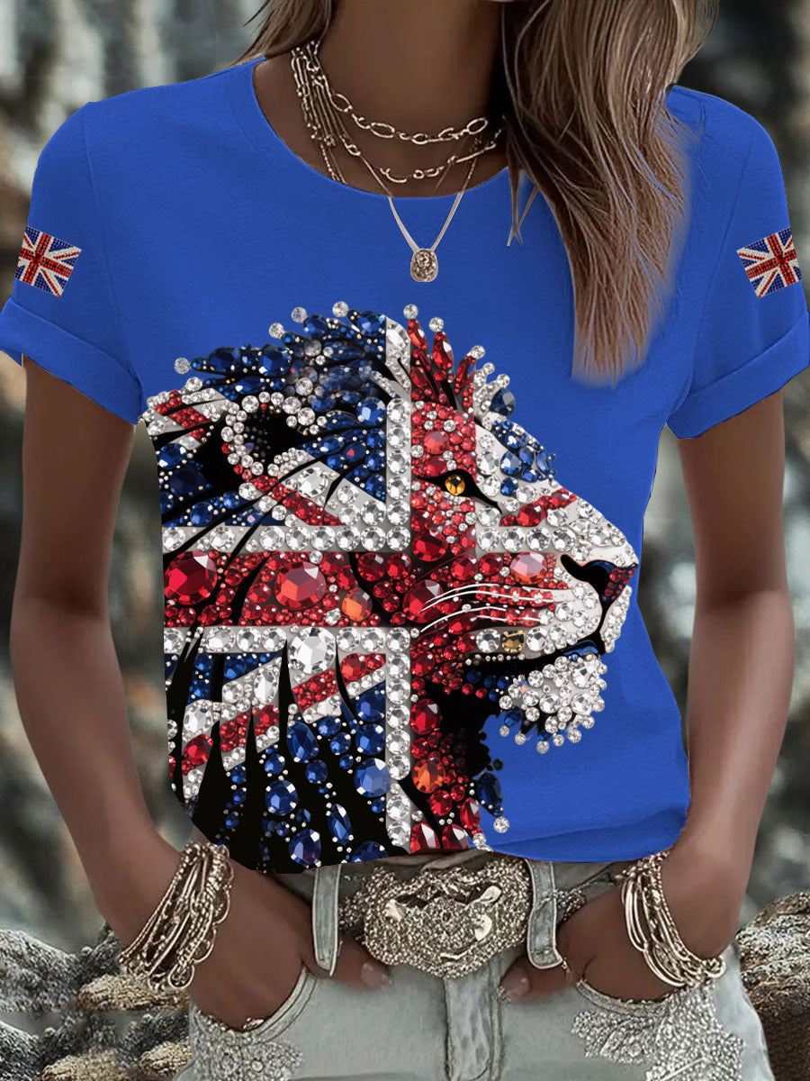 Women's British imitation diamond hot-drilling Printed Iron On Short Sleeve T-Shirt