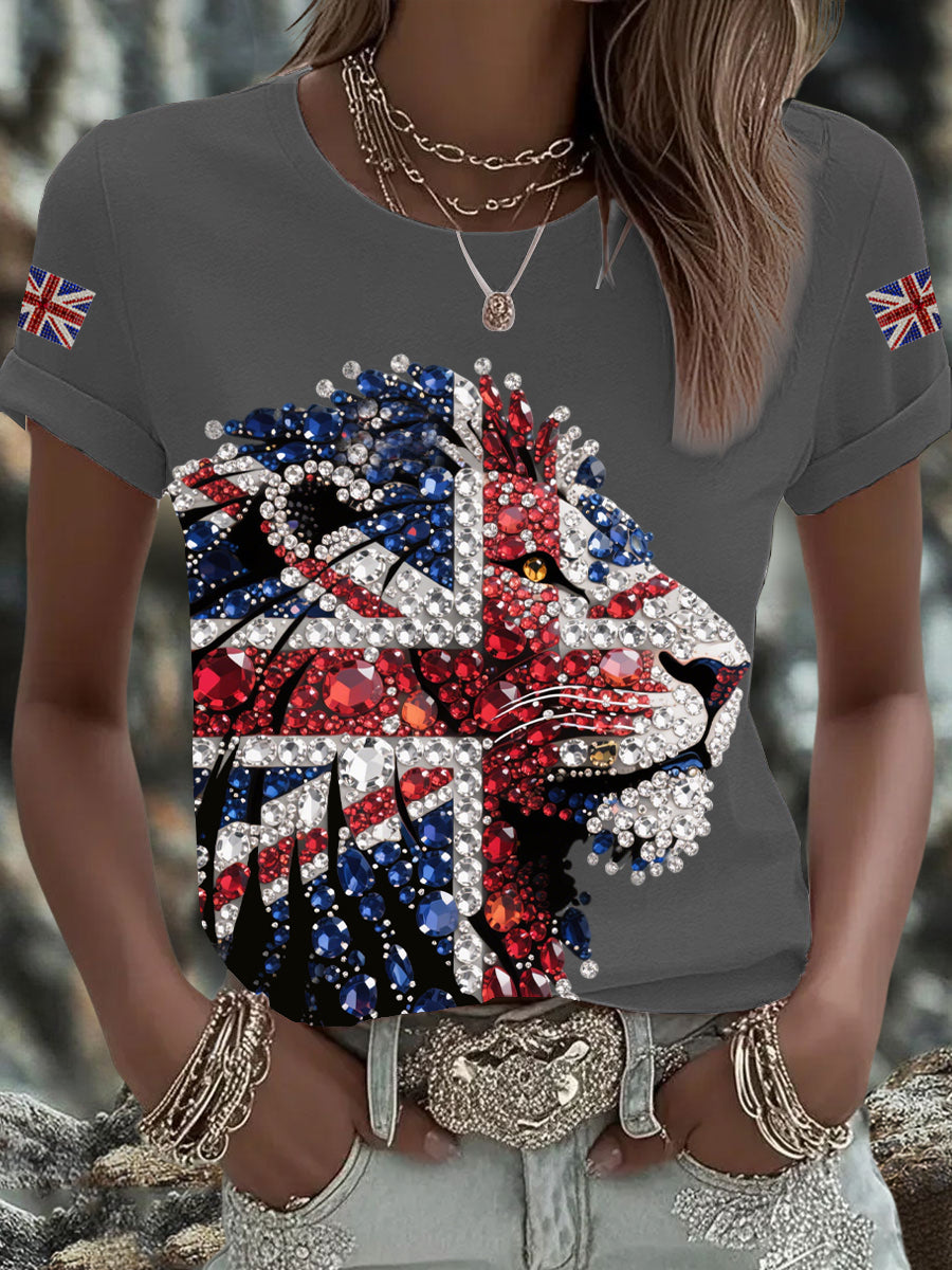 Women's British imitation diamond hot-drilling Printed Iron On Short Sleeve T-Shirt