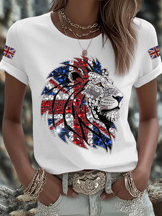 Women's British imitation diamond hot-drilling Printed Iron On Short Sleeve T-Shirt