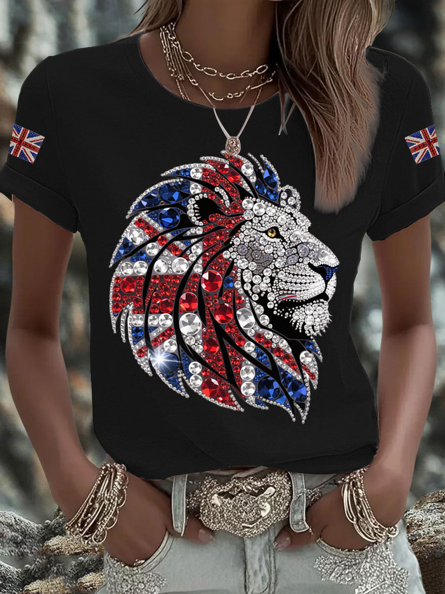 Women's British imitation diamond hot-drilling Printed Iron On Short Sleeve T-Shirt