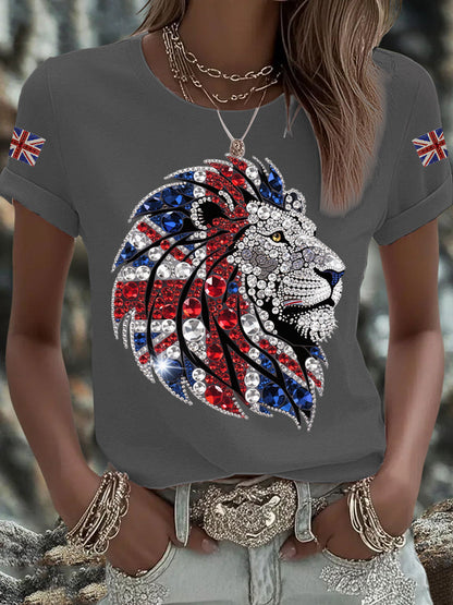 Women's British imitation diamond hot-drilling Printed Iron On Short Sleeve T-Shirt