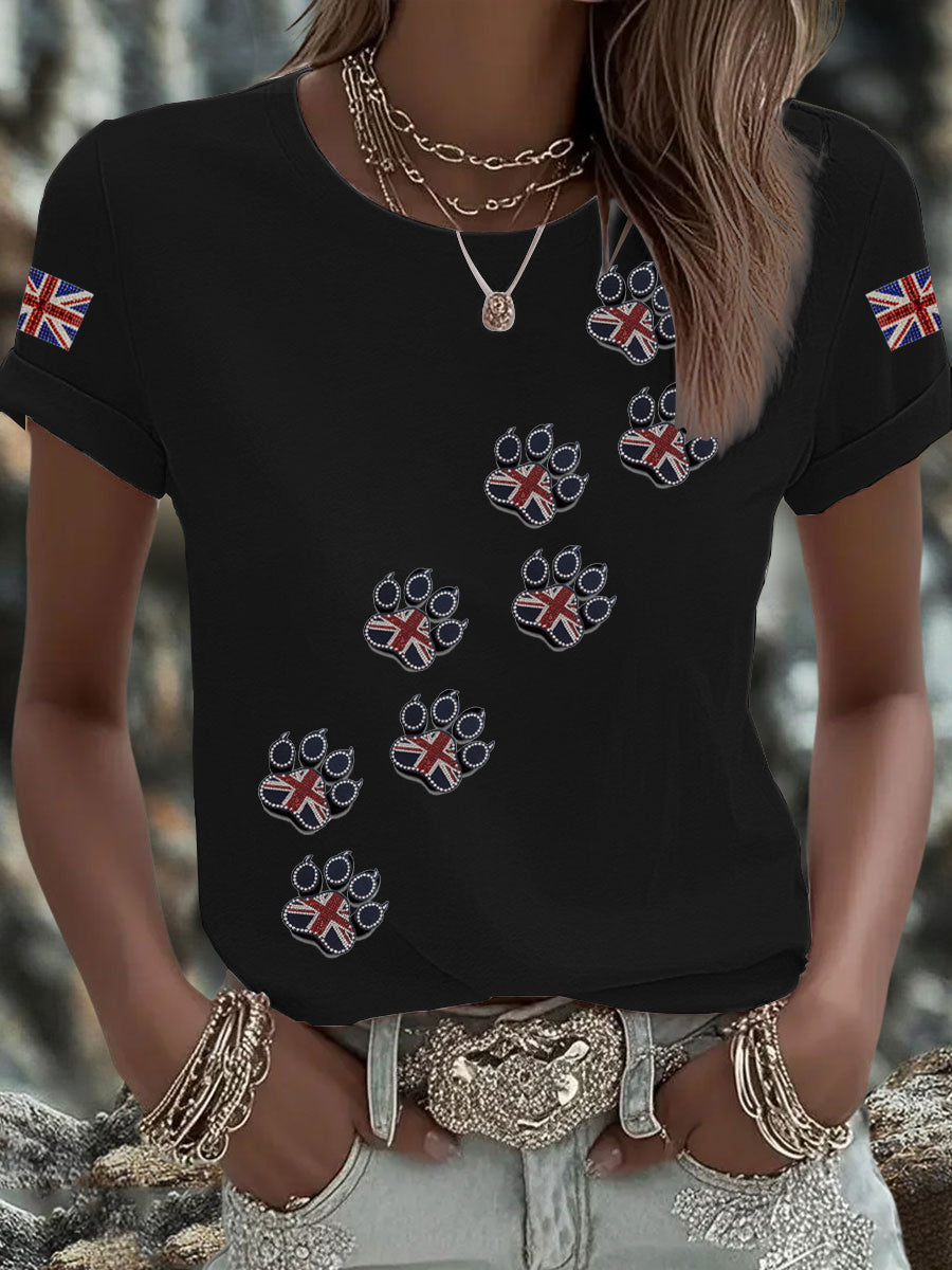 Women's British imitation diamond hot-drilling Printed Iron On Short Sleeve T-Shirt