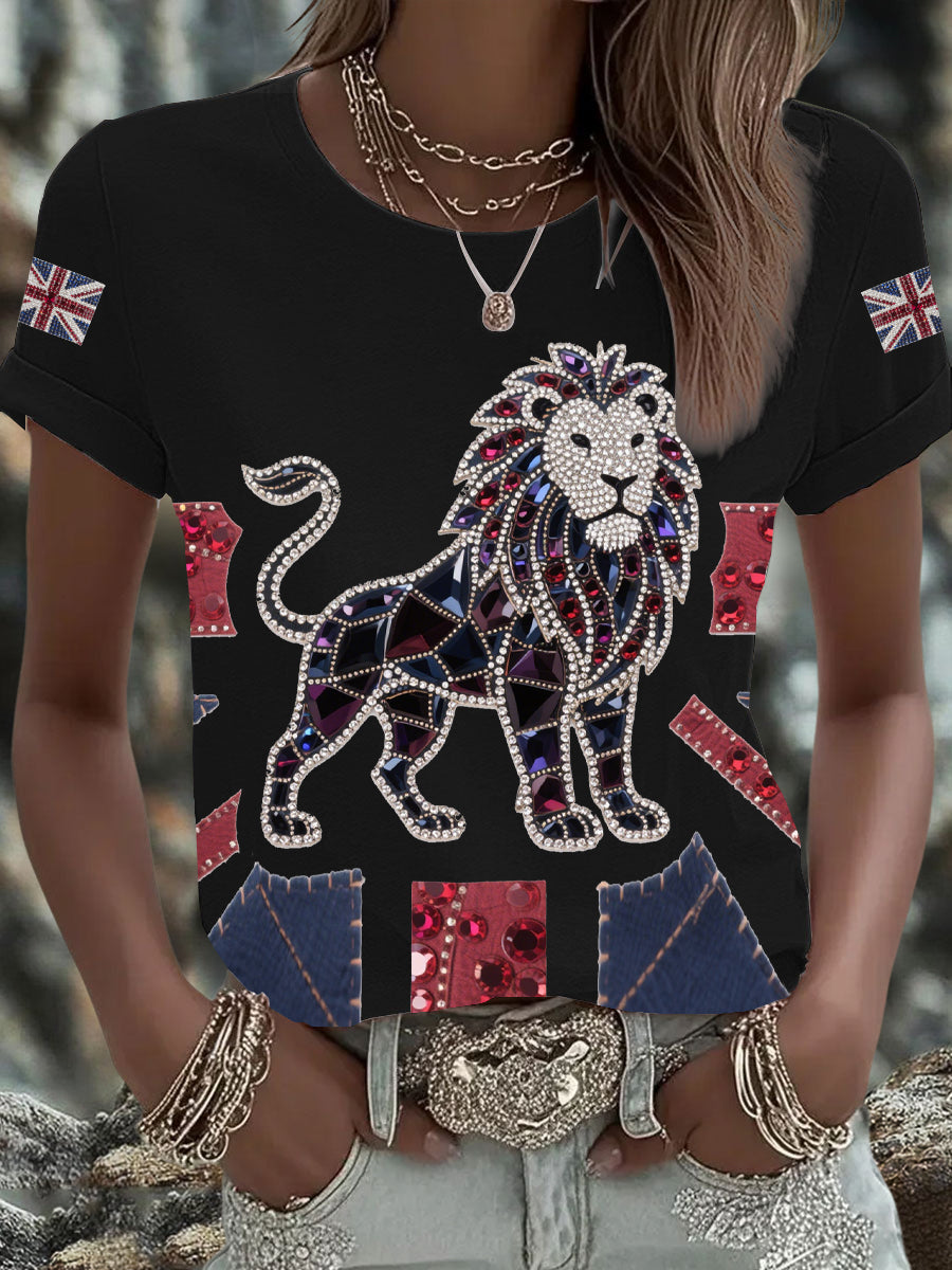 Women's British imitation diamond hot-drilling Printed Iron On Short Sleeve T-Shirt