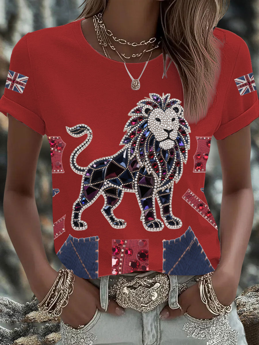 Women's British imitation diamond hot-drilling Printed Iron On Short Sleeve T-Shirt