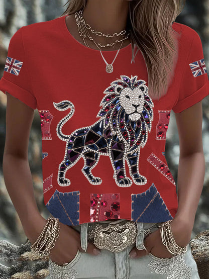 Women's British imitation diamond hot-drilling Printed Iron On Short Sleeve T-Shirt