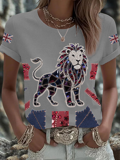 Women's British imitation diamond hot-drilling Printed Iron On Short Sleeve T-Shirt