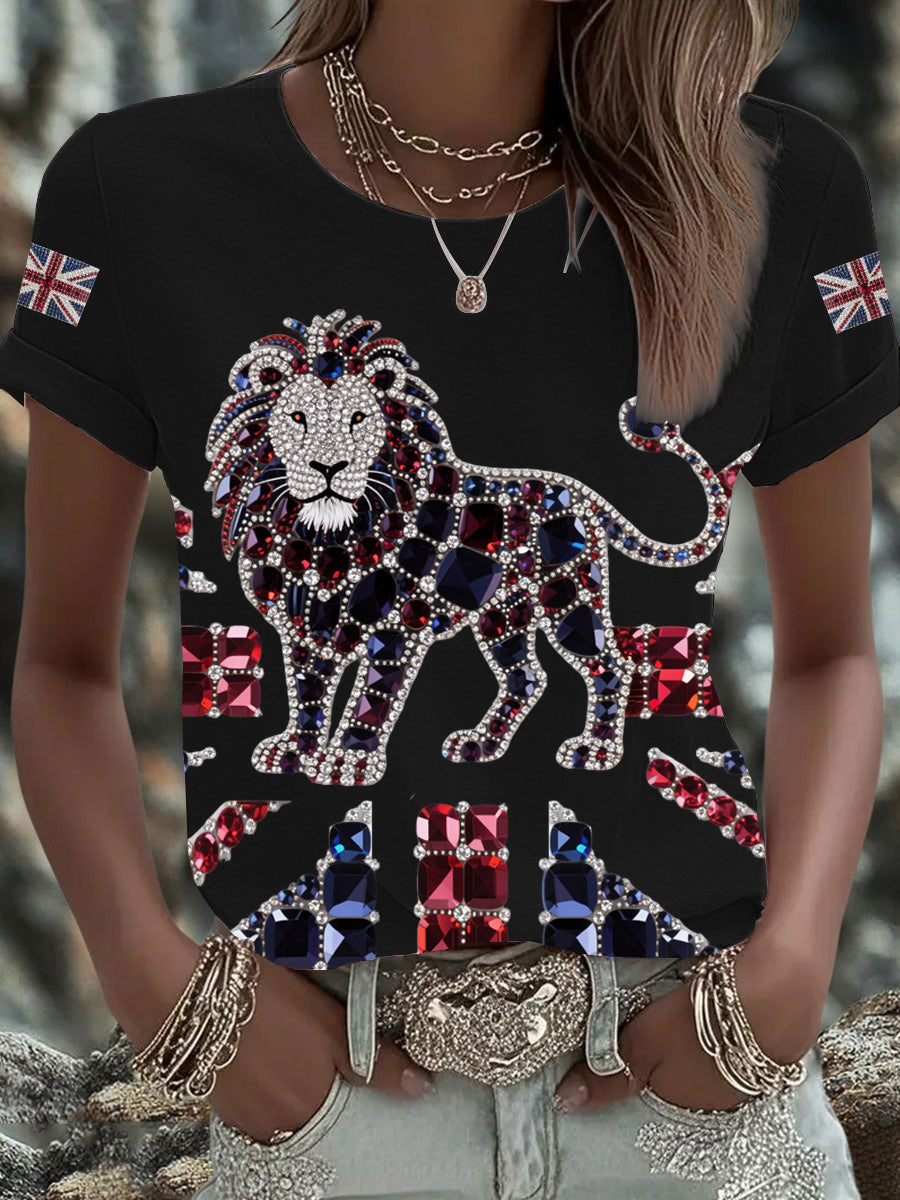 Women's British imitation diamond hot-drilling Printed Iron On Short Sleeve T-Shirt