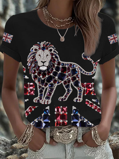 Women's British imitation diamond hot-drilling Printed Iron On Short Sleeve T-Shirt