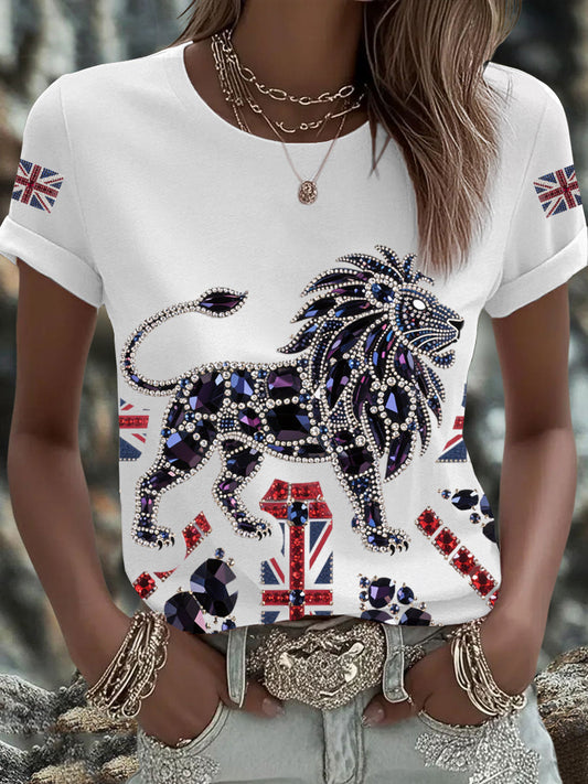 Women's British imitation diamond hot-drilling Printed Iron On Short Sleeve T-Shirt