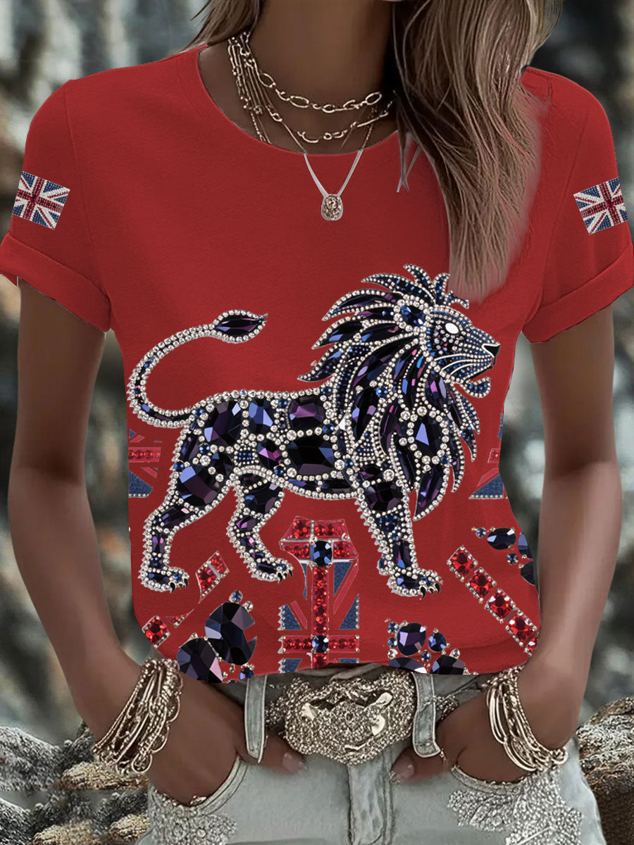 Women's British imitation diamond hot-drilling Printed Iron On Short Sleeve T-Shirt