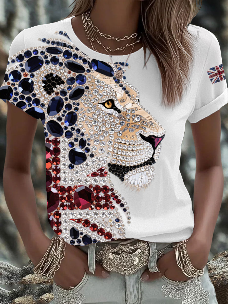 Women's British imitation diamond hot-drilling Printed Iron On Short Sleeve T-Shirt