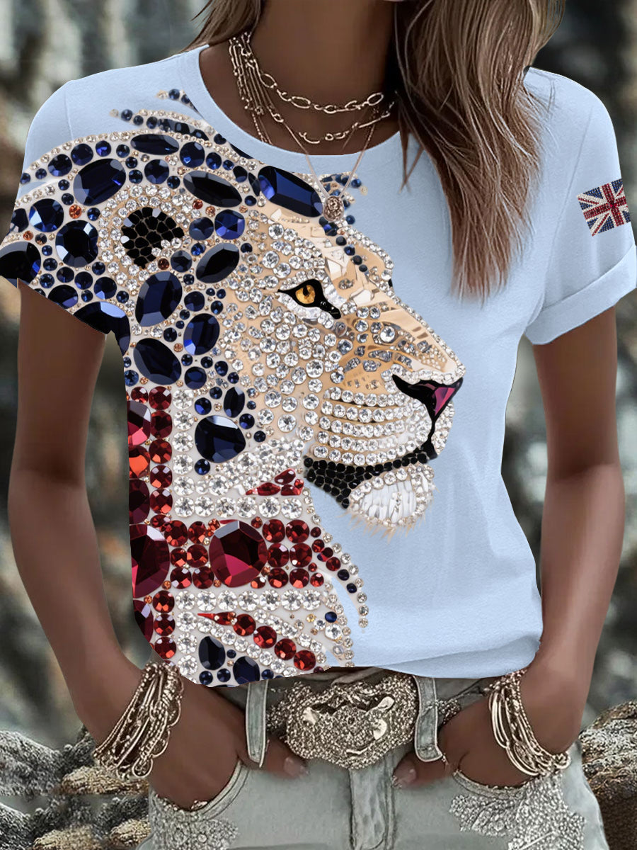 Women's British imitation diamond hot-drilling Printed Iron On Short Sleeve T-Shirt