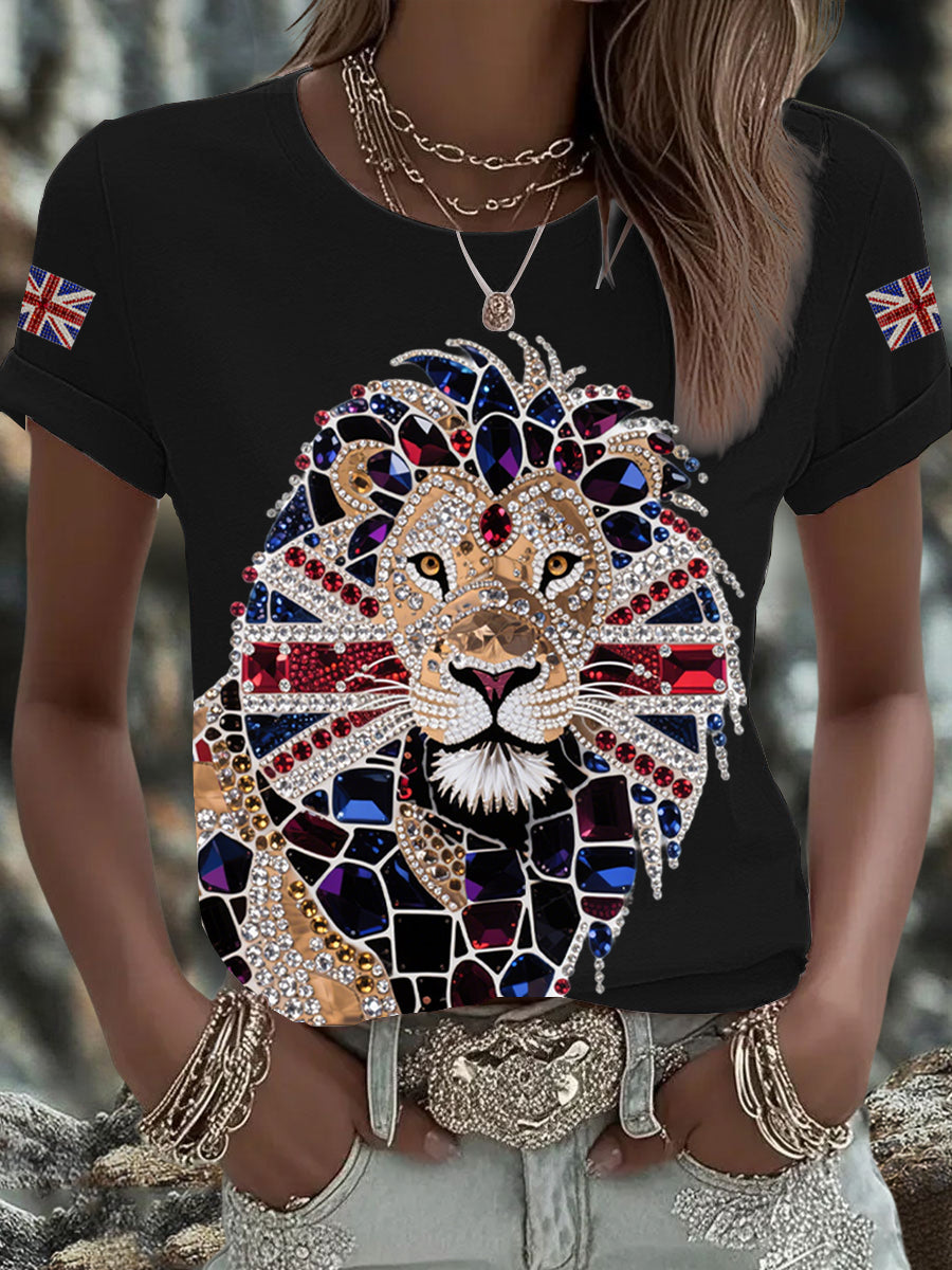 Women's British imitation diamond hot-drilling Printed Iron On Short Sleeve T-Shirt
