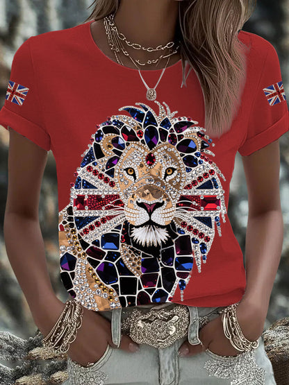 Women's British imitation diamond hot-drilling Printed Iron On Short Sleeve T-Shirt