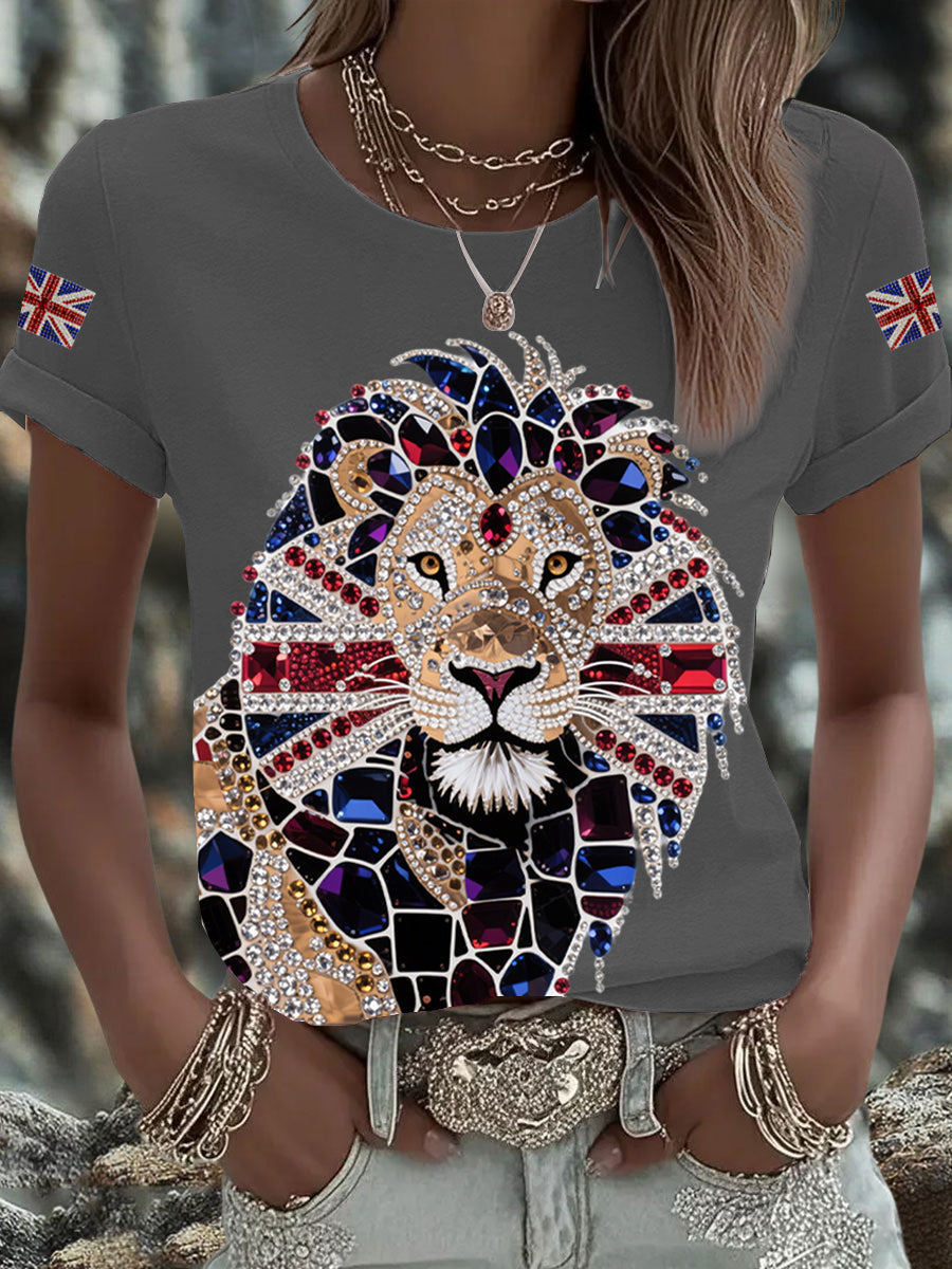 Women's British imitation diamond hot-drilling Printed Iron On Short Sleeve T-Shirt