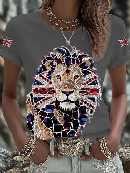 Women's British imitation diamond hot-drilling Printed Iron On Short Sleeve T-Shirt